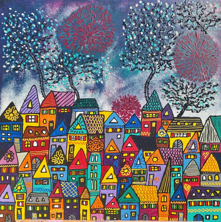 Peinture d'un village coloré sous des arbres en forme de feux d'artifice turquoise et roses