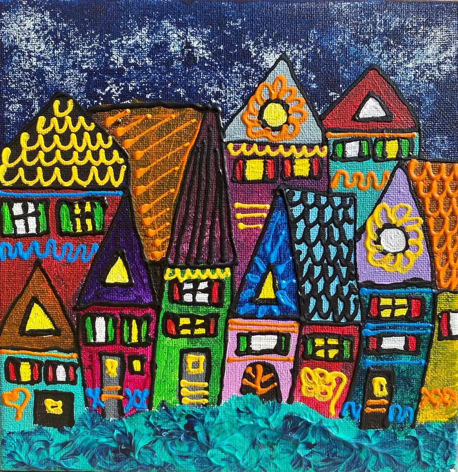 Peinture d'une petite ville colorée sur fond bleu nuit étoilé