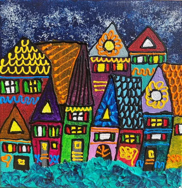 Peinture d'une petite ville colorée sur fond bleu nuit étoilé