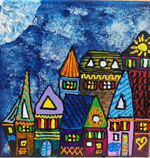 Peinture d'une petite ville colorée sous un ciel bleu avec lune blanche