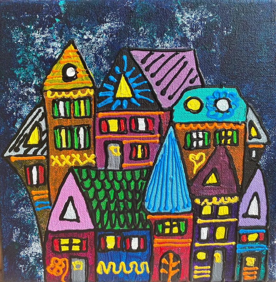 Peinture de tours colorées aux motifs géométriques sur fond bleu nuit