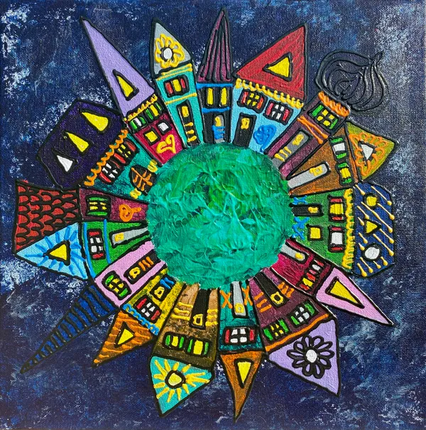 Peinture de maisons colorées disposées en étoile autour d'une sphère verte sur fond bleu