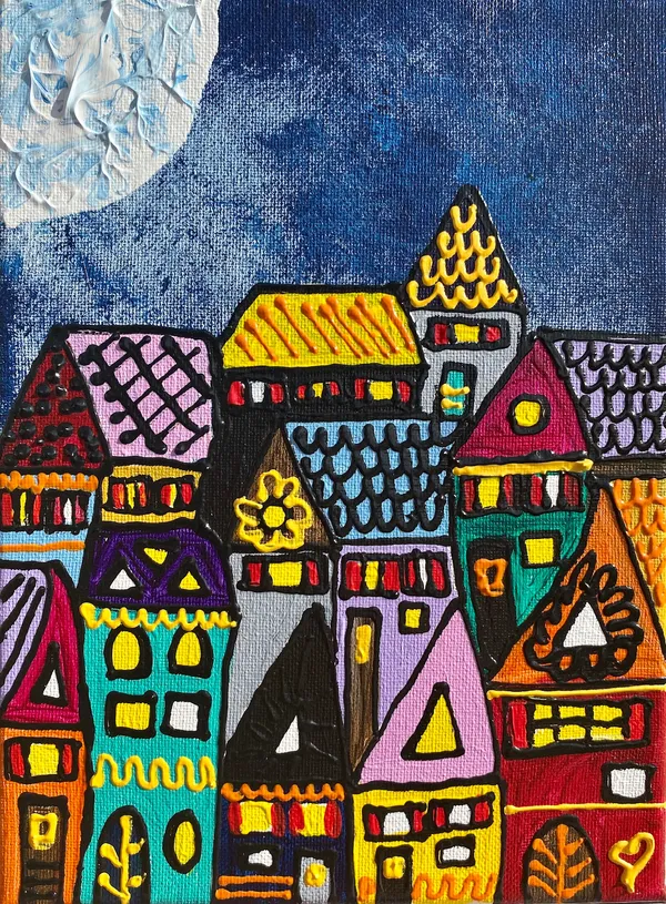 Peinture d'un village coloré sous une grande pleine lune blanche