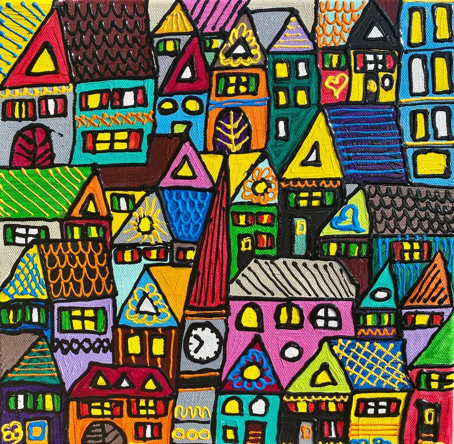 Peinture d'une ville dense aux maisons multicolores serrées les unes contre les autres