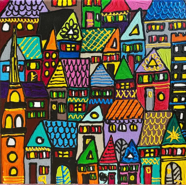 Peinture d'une ville dense multicolore sur fond noir avec maisons décorées de motifs