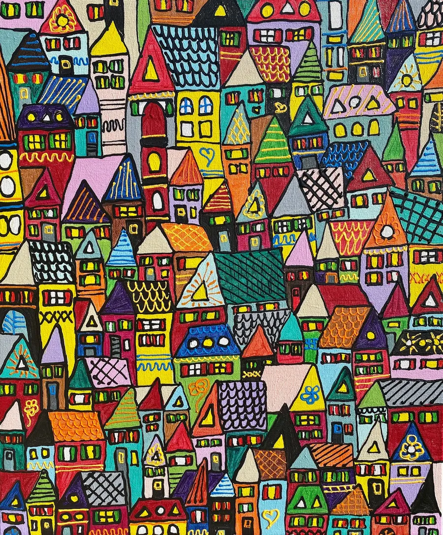 Peinture verticale d'une ville dense avec des maisons multicolores empilées