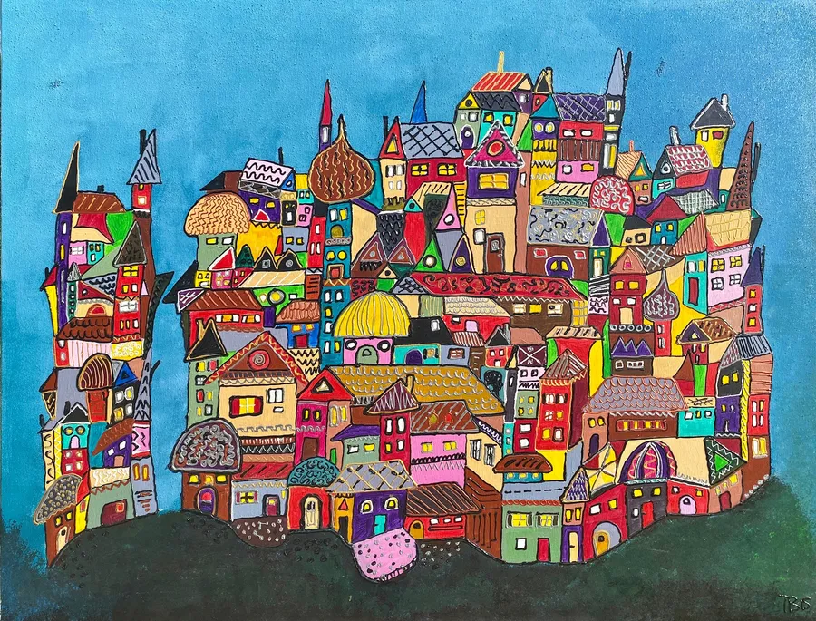 Peinture d'une grande ville colorée sur une colline verte sous un ciel bleu