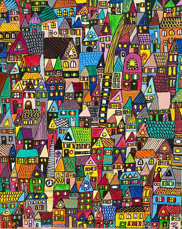 Peinture d'une ville extrêmement dense avec des maisons multicolores occupant toute la surface