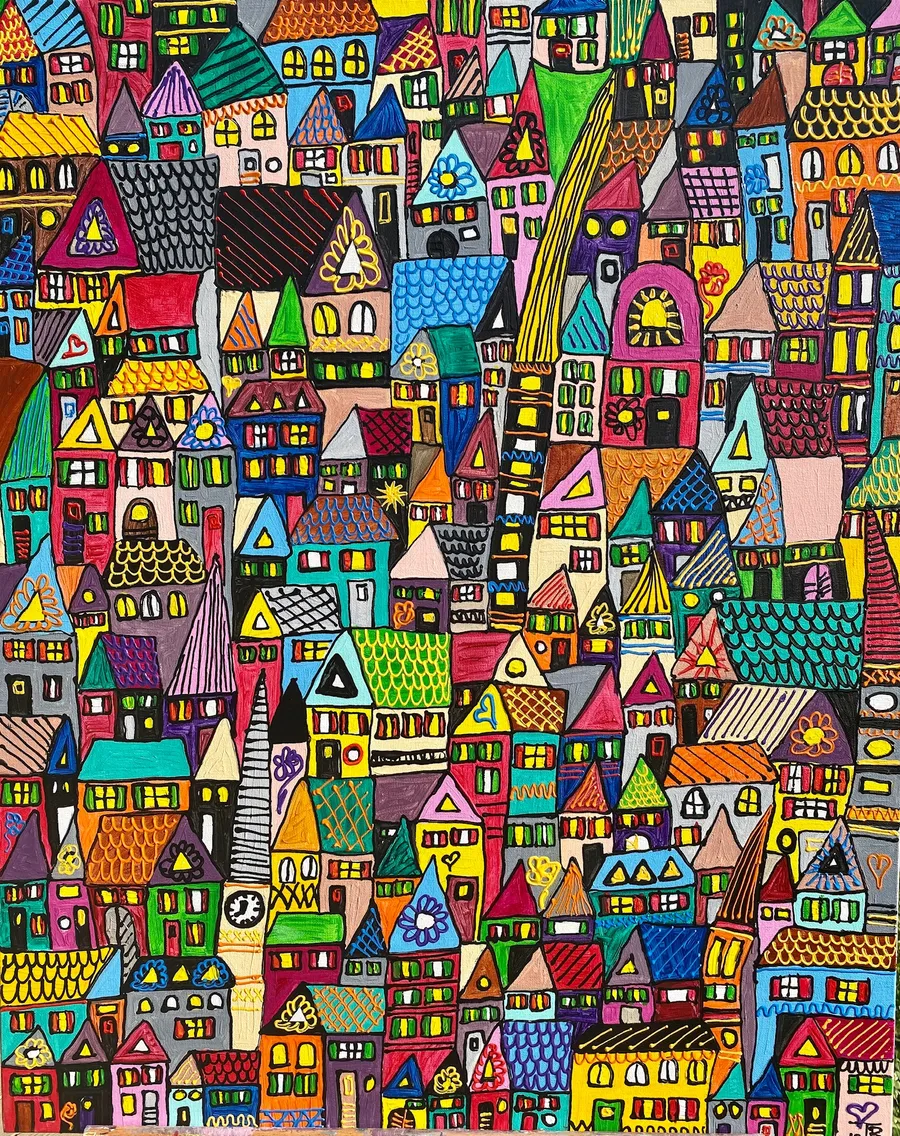 Peinture d'une ville extrêmement dense avec des maisons multicolores occupant toute la surface