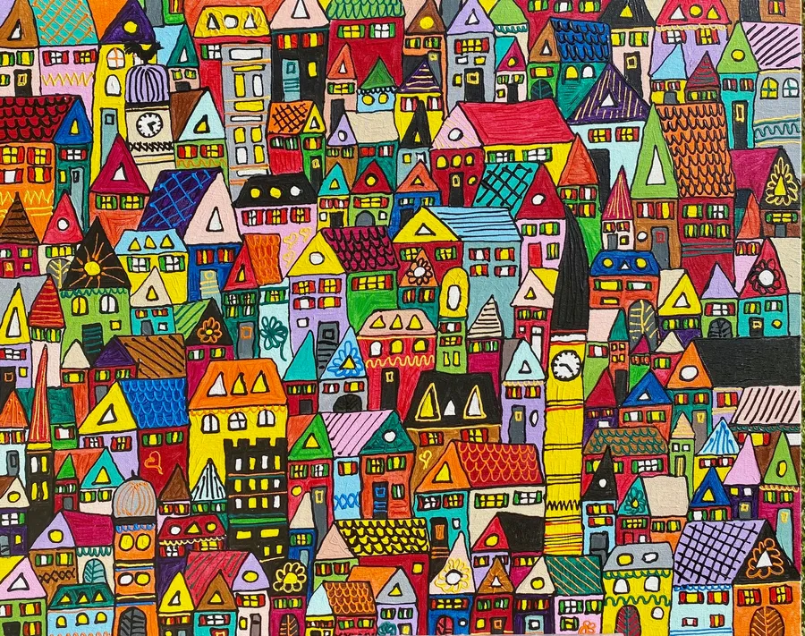 Peinture panoramique d'une ville dense avec des centaines de maisons multicolores