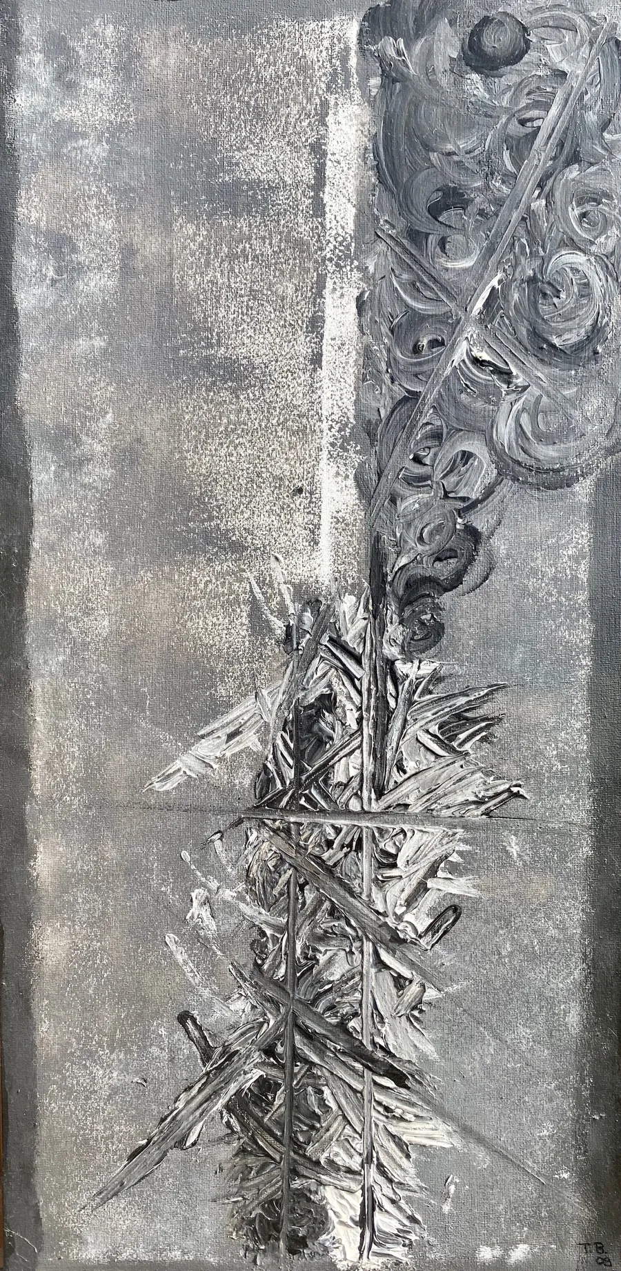 Peinture abstraite verticale avec spirales et textures argentées