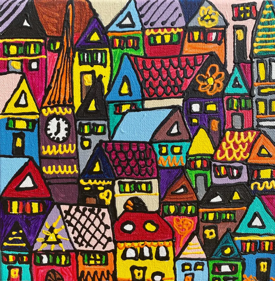 Petite peinture d'une ville dense aux maisons multicolores avec des motifs détaillés
