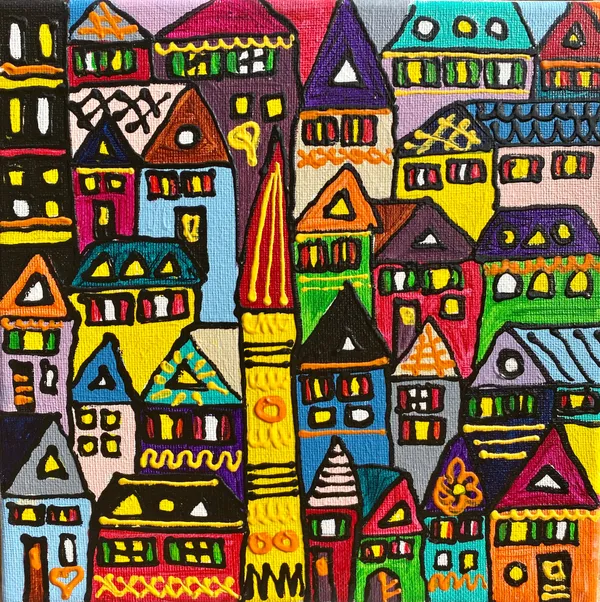 Petite peinture d'une ville dense aux tons violets avec clocher et horloge