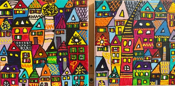 Diptyque de deux petites villes denses aux couleurs chaudes et vives