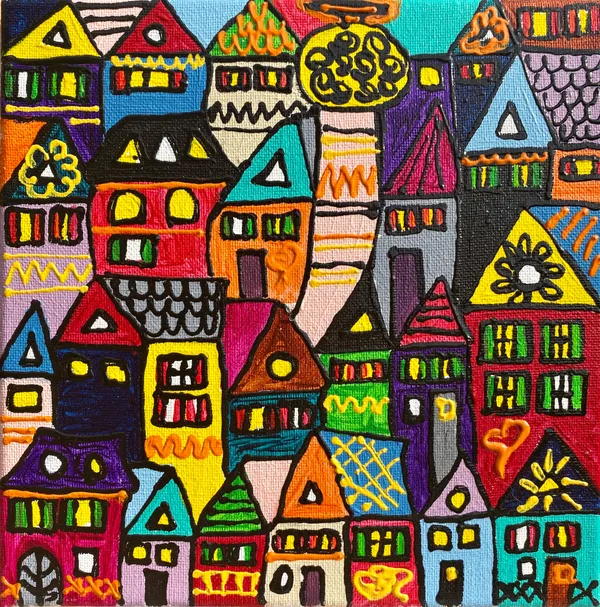 Petite peinture d'une ville dense aux tons chauds avec un arbre bouclé