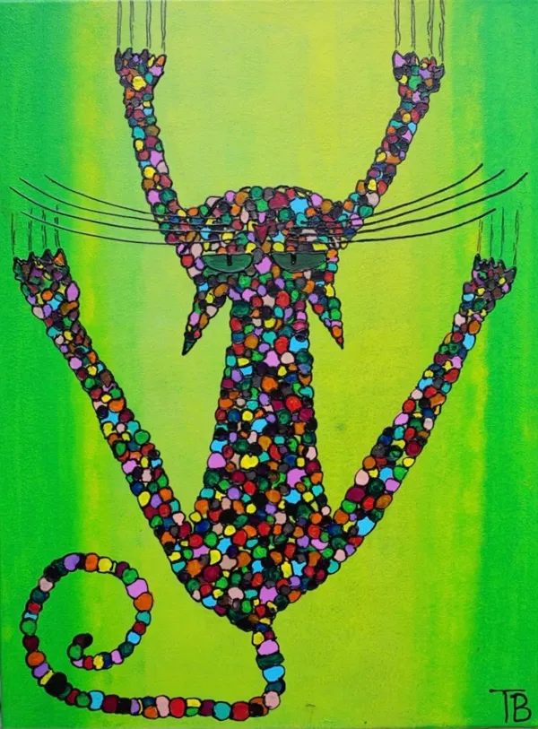 Peinture d'un chat accroché en mosaïque multicolore sur fond vert vif