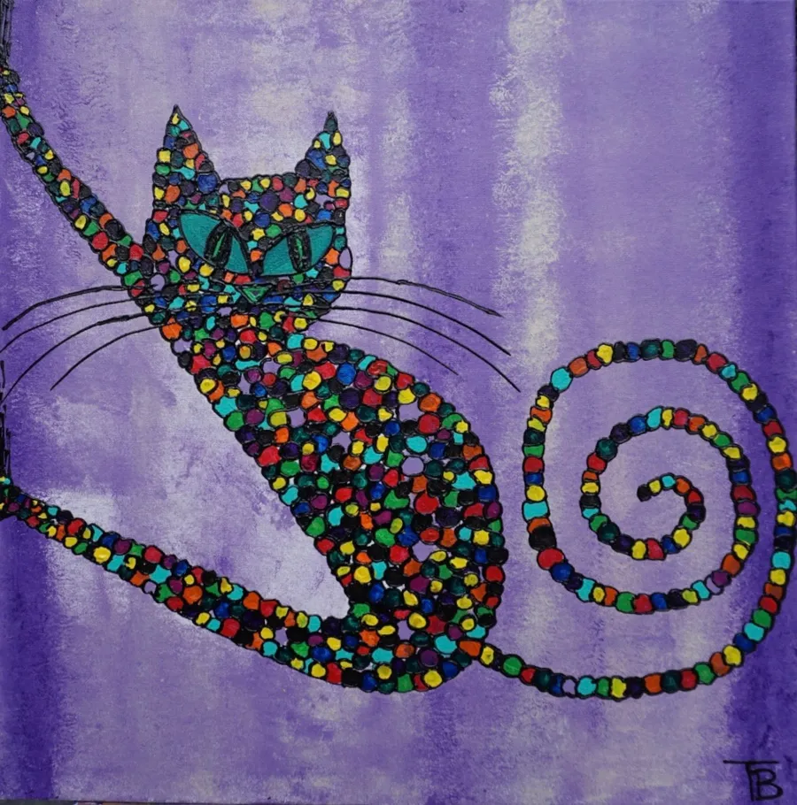 Peinture d'un chat allongé en mosaïque colorée sur fond violet