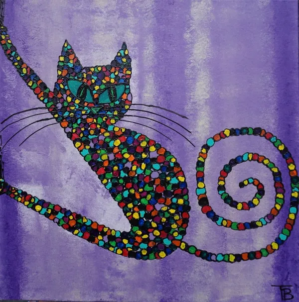 Peinture d'un chat allongé en mosaïque colorée sur fond violet