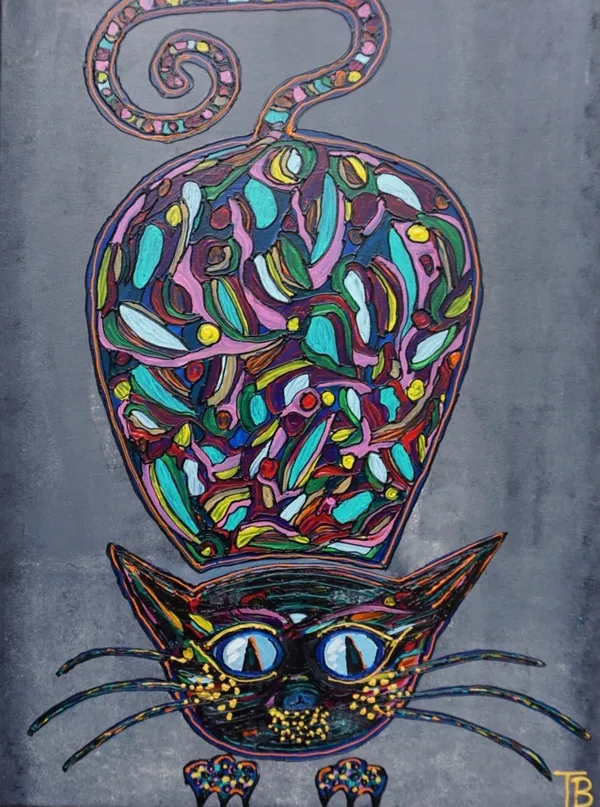 Peinture d'un chat de face aux motifs organiques colorés sur fond gris