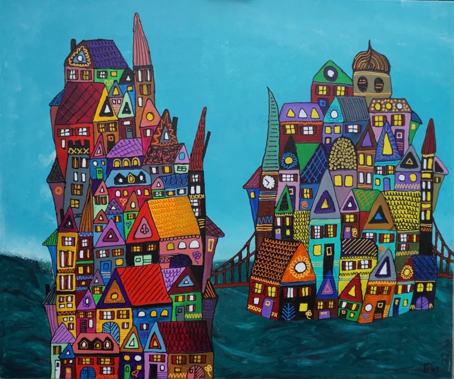 Peinture de deux îlots de maisons colorées reliés par un pont sur fond turquoise