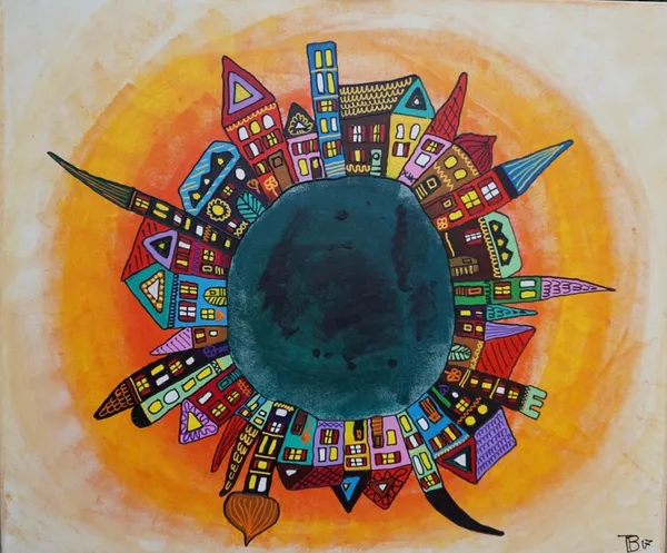 Peinture d'une ville colorée entourant une sphère sombre comme une petite planète