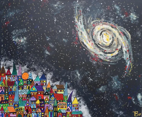 Peinture d'un village coloré sous un ciel étoilé avec une galaxie spirale