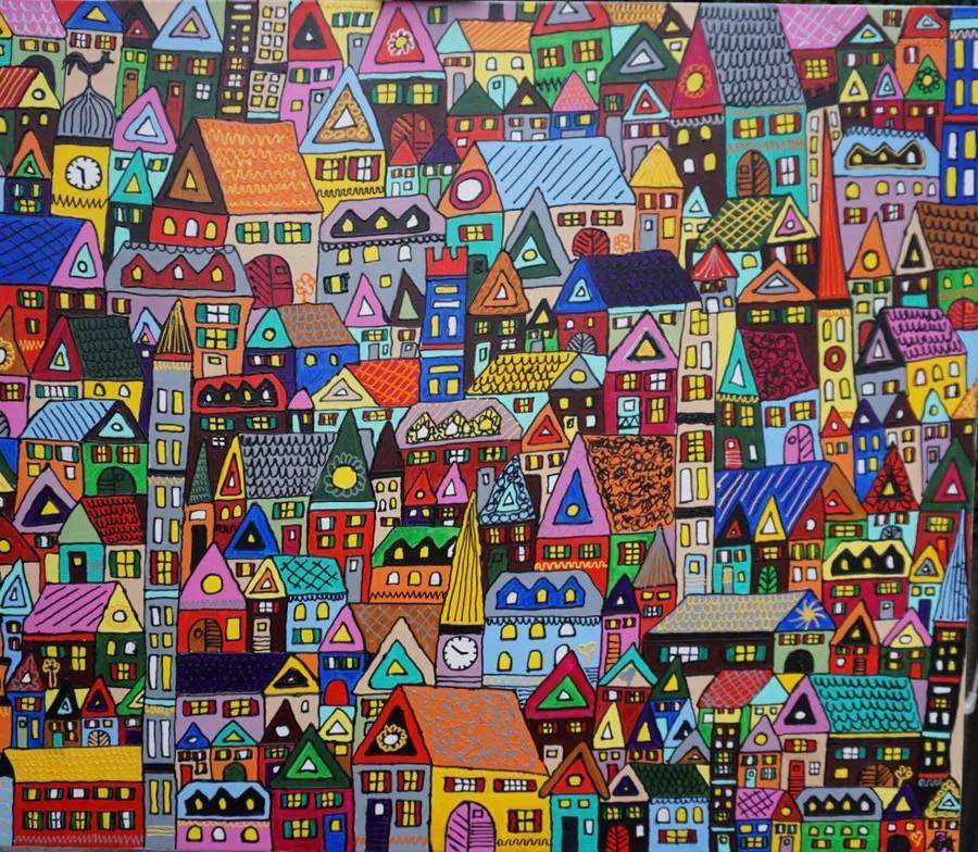 Peinture d'une ville dense aux innombrables maisons multicolores vues en plongée