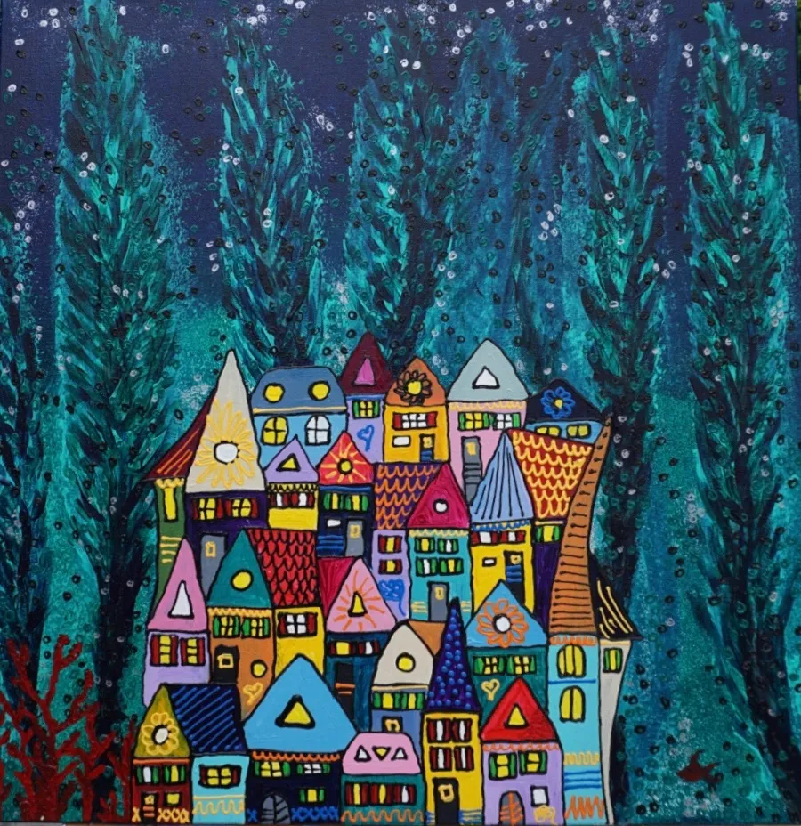Peinture d'un village coloré entouré de cyprès sombres sous un ciel étoilé