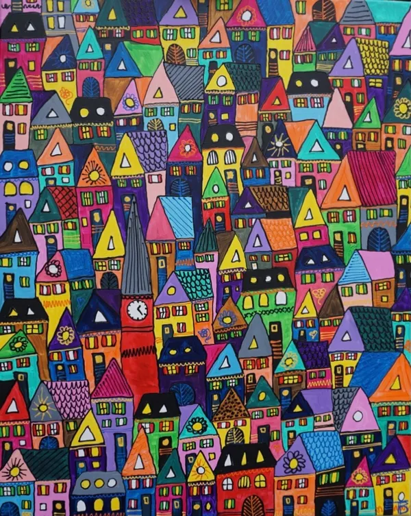 Peinture d'une ville dense vue en plongée avec des maisons multicolores entassées