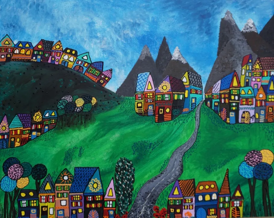 Peinture de villages colorés sur des collines vertes au pied de montagnes