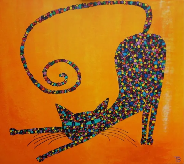 Peinture d'un chat s'étirant en mosaïque colorée avec une queue en boucle sur fond orange